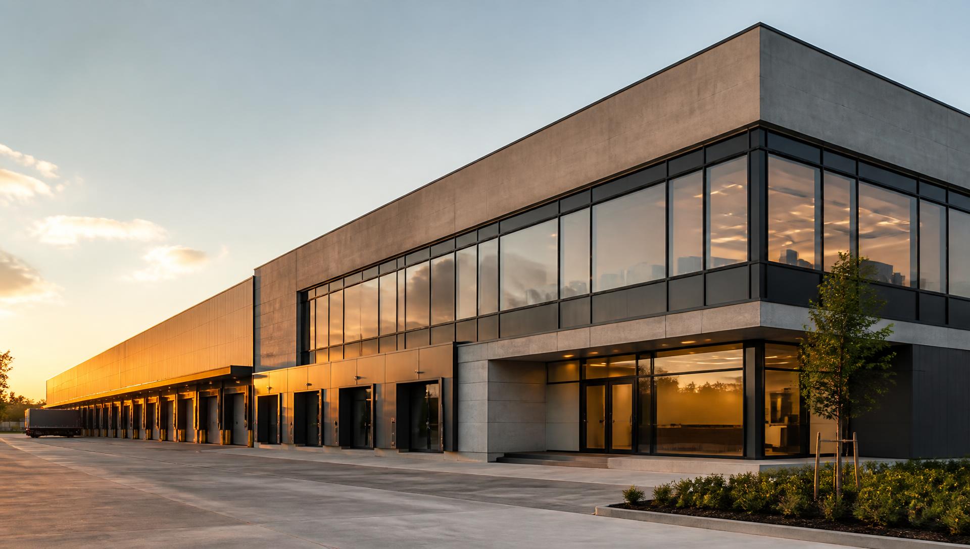 Modern European logistics building at golden hour