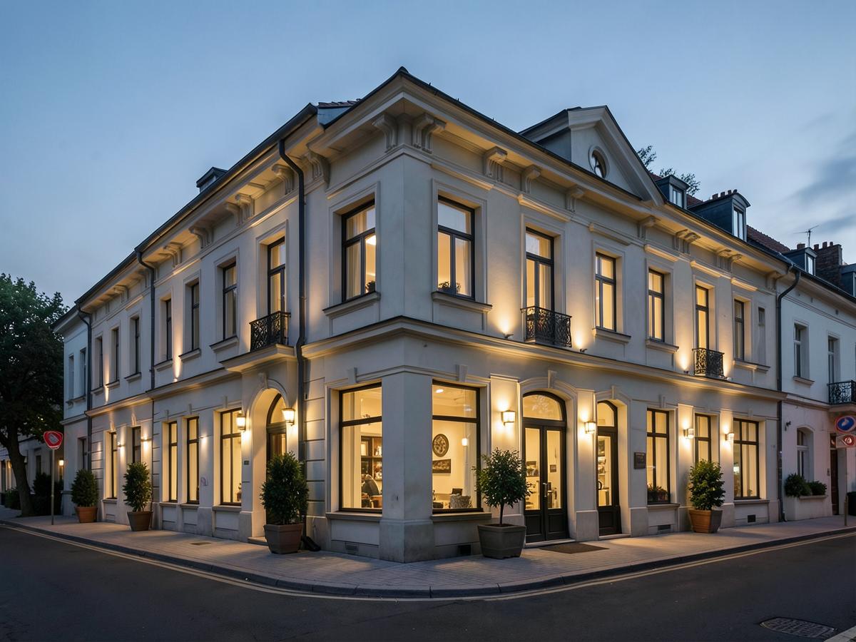 Boutique hotel exterior at dusk